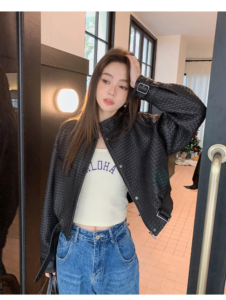 Natural Sheepskin Coat Women Autumn European and American Fashion Short Motorcycle Casual High Quality Hand-Woven Leather Jacket