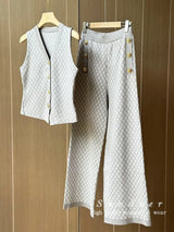 French Style 3-Piece Jacquard Knit Pant Suit – Elegant Vest, Cardigan & Wide-Leg Trousers