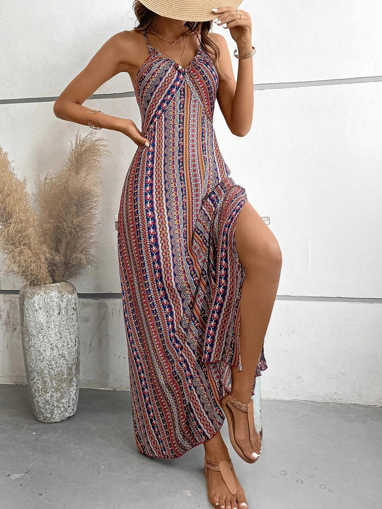 Boho Ethnic Frill Trim Maxi Dress
