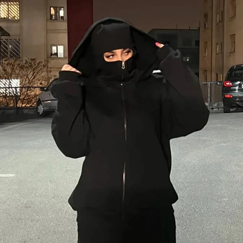 Y2K Double-Hood Zip-Up Balaclava Hoodie
