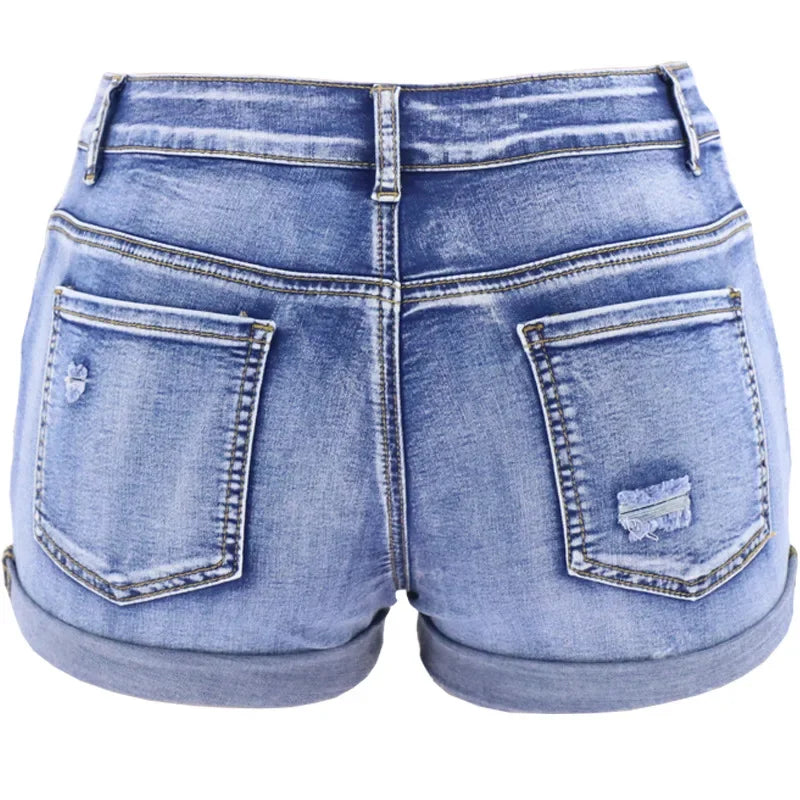 Women’s Mid-Waist Distressed Denim Shorts – Slim Fit Summer Beach Wear