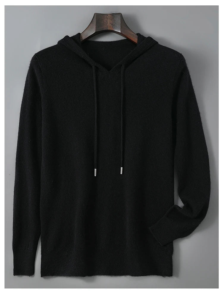 DjzDsm Autumn Winter Men's Sweater 100% Merino Wool Thick Hooded Pullover Soft Knitwear Casual Comfort Wool Clothing Tops