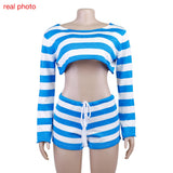 Cryptographic Casual Fashion Striped Knitted Two Piece Sets Long Sleeve Sweaters Off Shoulder Top and Shorts Matching Sets Solid
