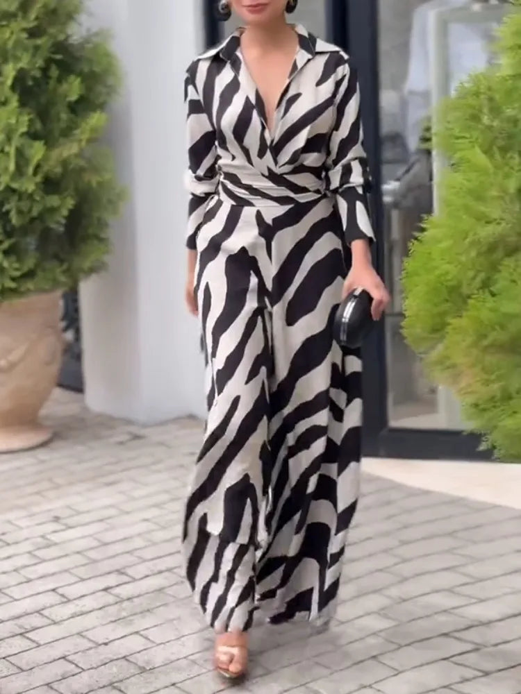 Zebra Print Lapel High-Waist Wide Leg Jumpsuit
