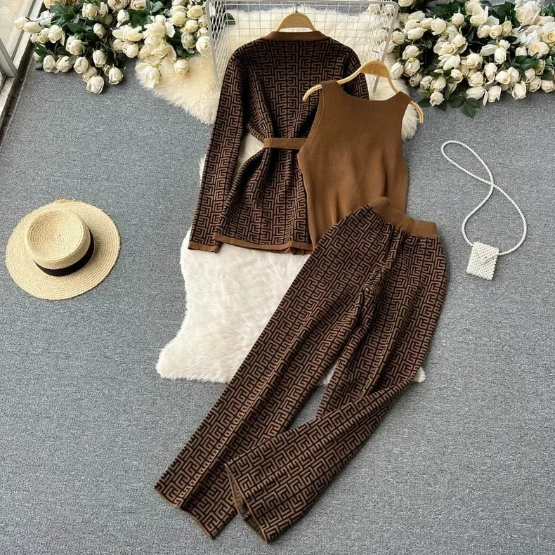 3-Piece Women’s Knitted Set: V-Neck Belted Cardigan & High-Waist Wide-Leg Pants
