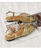 Women's Narrow Band Roman Flat Sandals — Buckle Strap Gladiator Beach Shoes
