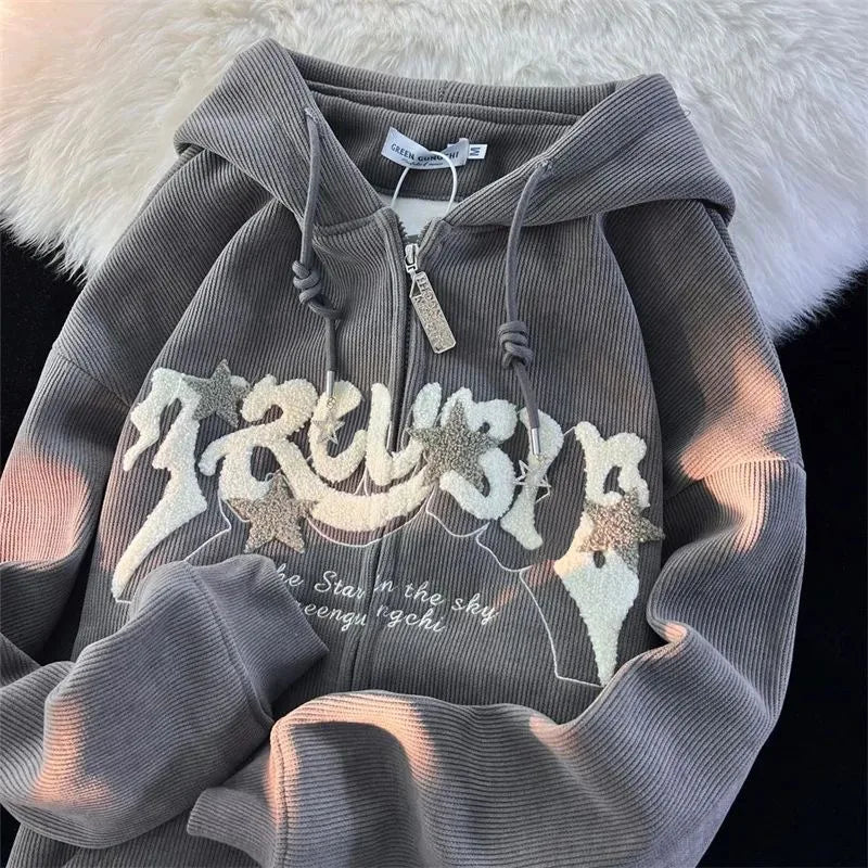 Harajuku Y2K Embroidered Zip-Up Hoodie