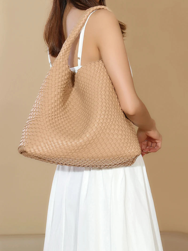 2025 Women Bag Luxury PU Leather Handbag Lady Fashion Handmade Knitting Tote Female Hand-woven Basket Shoulder Bag with Purse