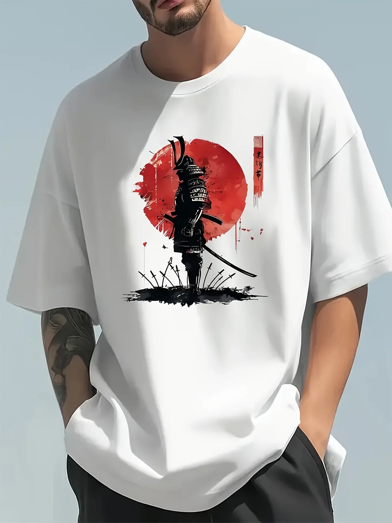 Men's Japanese Samurai Print Cotton T-Shirt - Relaxed Fit