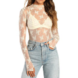 Floral Lace Sheer Mesh Long Sleeve Top