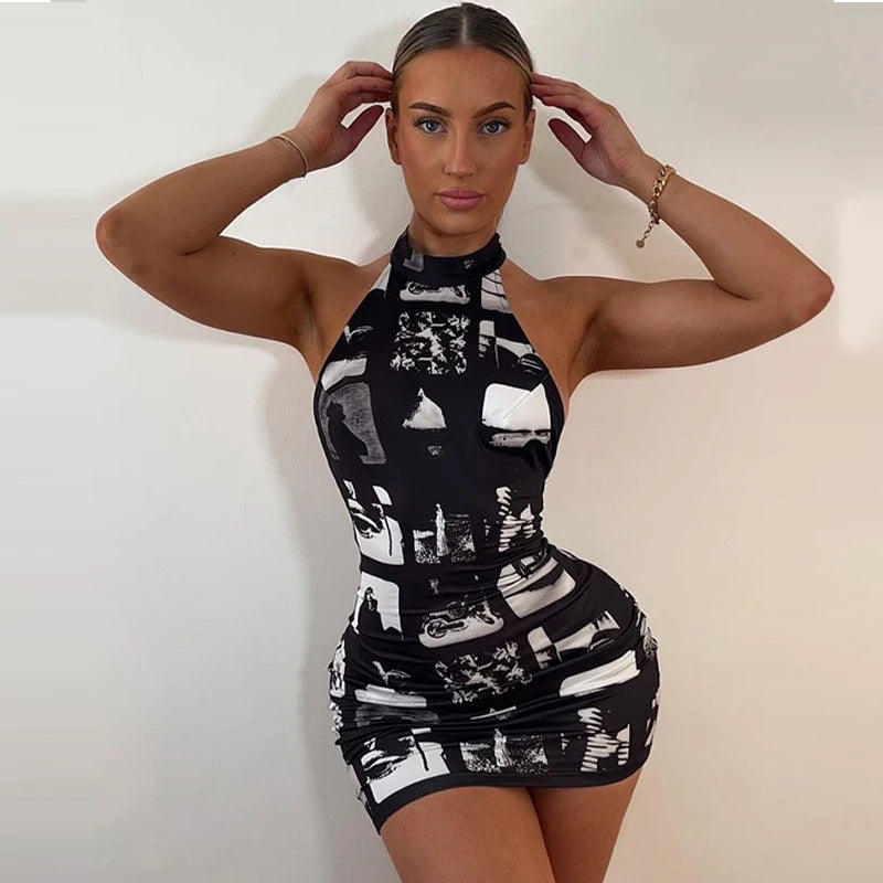 Vintage Print Halter Bodycon Mini Dress | Y2K Streetwear