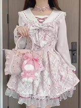 Y2k Japanese Kawaii Two-Piece Sets Long Sleeve Top + Short Skirt Sweet Women Casual Cute Print Bow Patchwork 2025 New Arrival