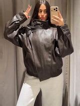 2026 Autumn Women's Faux Leather Jacket Brown Black Long Sleeve Stand Collar Thick Loose Lady Coat Fashion Motorcycle Streetwear