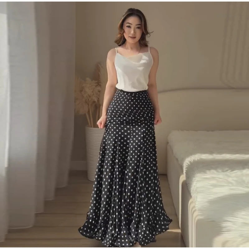 Women Polka Dot Print High Waist Maxi Skirt Elegant Ruched Mermaid Long Skirts 2026 Summer Casual Vacation Fashion  Outwear