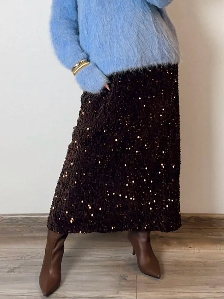 High Waisted Sequin Maxi Skirt Women Elegant Shiny Straight Skirts With Slit Summer Spring Black Long Sequin Skirt For Women