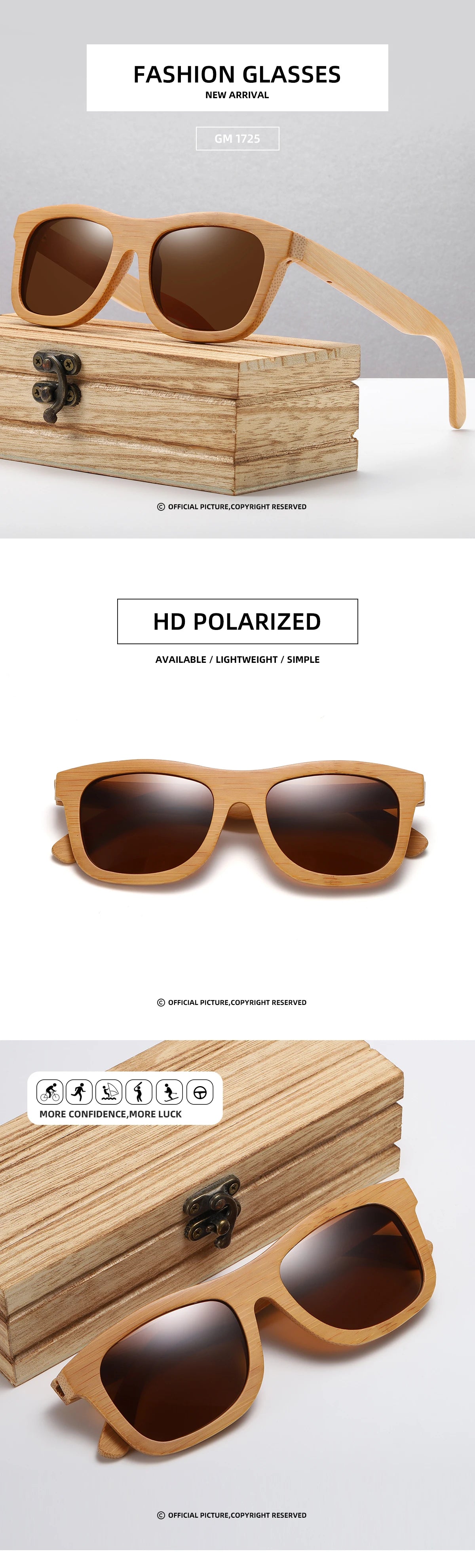 GM - Vintage Bamboo And Wood Sunglasses, Handmade,, Fashion, Sports Glasses,1725VIP