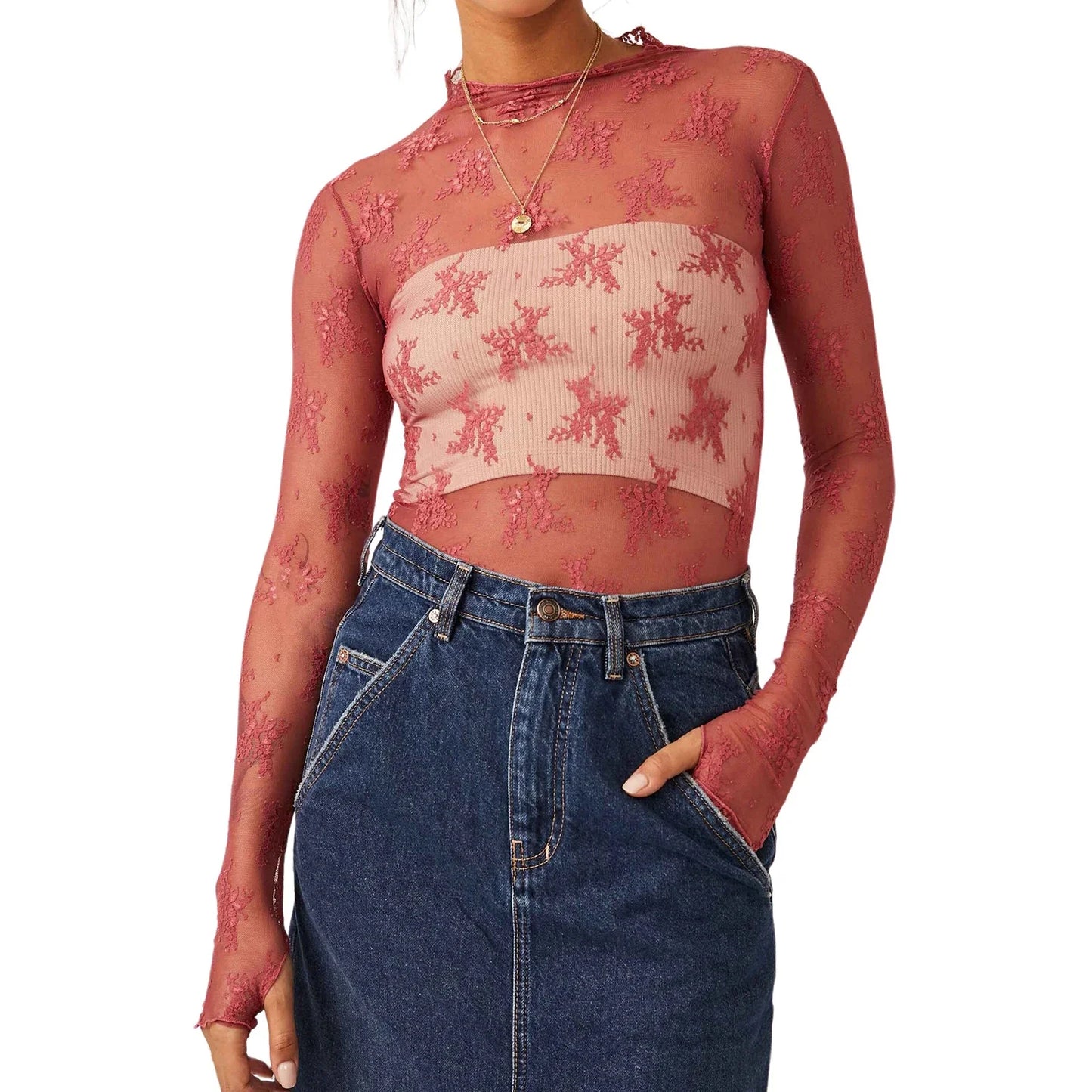 Floral Lace Sheer Mesh Long Sleeve Top