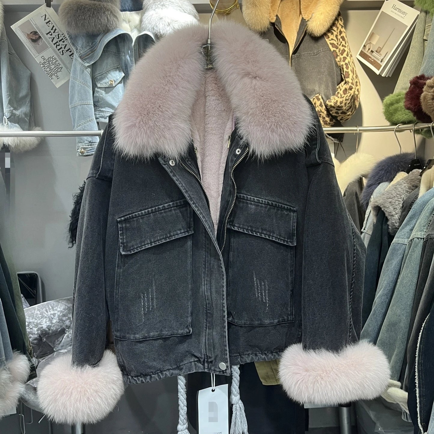 Women's Fox Fur Denim Winter Jacket – 2025 USA Streetwear Edition