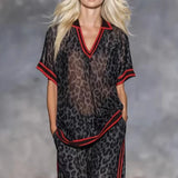 Summer Casual Outfits Female Leopard Print Stripe Contrast Color Two Piece Set for Women Short Sleeve Top & Wide Leg Pants