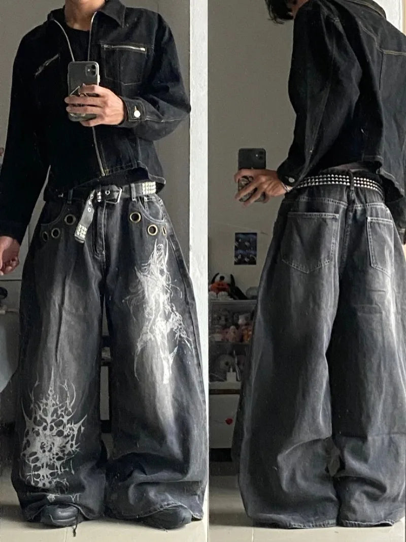 Men's Y2K Oversized Wide-Leg Embroidered Denim Jeans