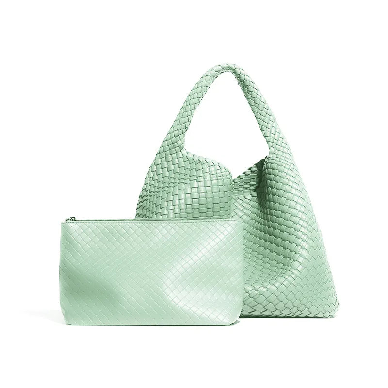 2025 Women Bag Luxury PU Leather Handbag Lady Fashion Handmade Knitting Tote Female Hand-woven Basket Shoulder Bag with Purse