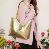 Women's Metallic PU Leather Tote Bag with Zipper