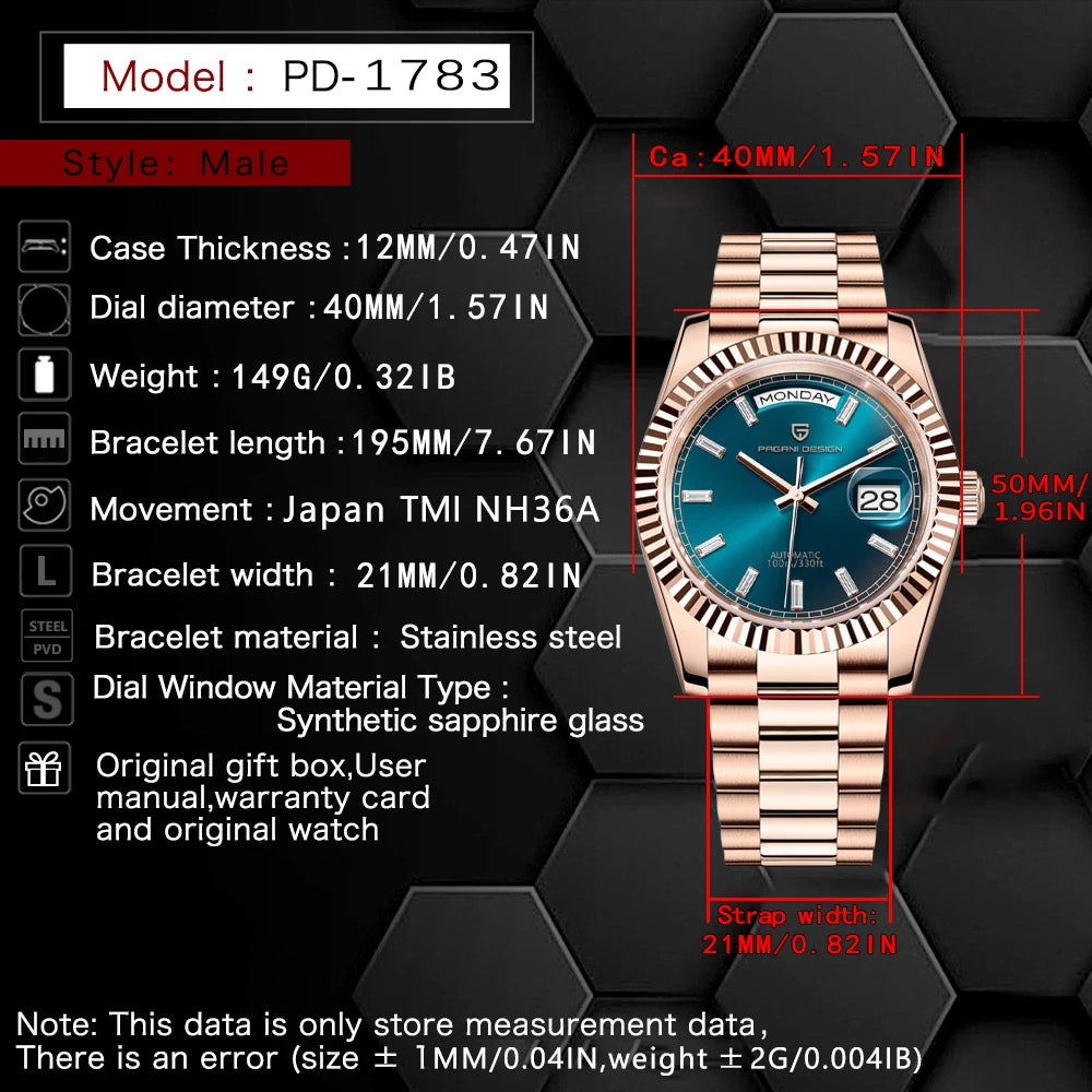 PAGANI DESIGN DD40 Luxury Rose Gold Men's Watches Automatic Mechanical Watch For Men AR Sapphire Glass Date Wrist watch Men 2026