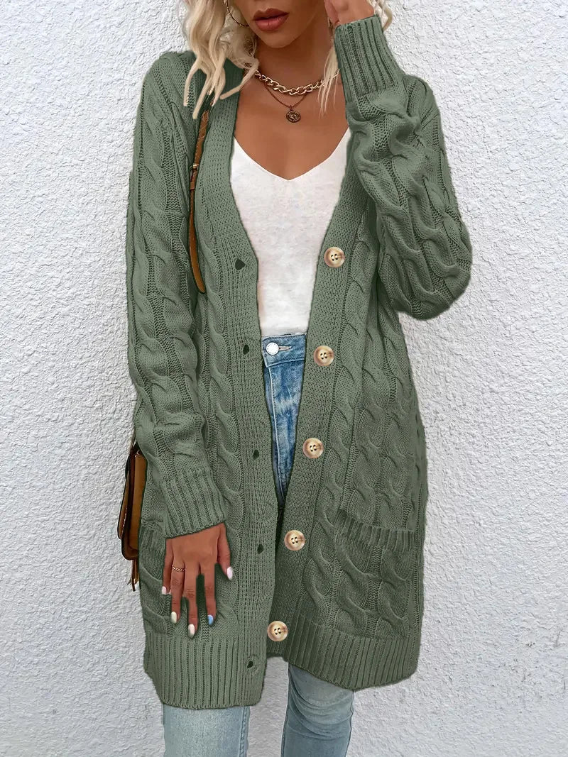 Women's Long Twisted-Knit Button-Front Cardigan Sweater