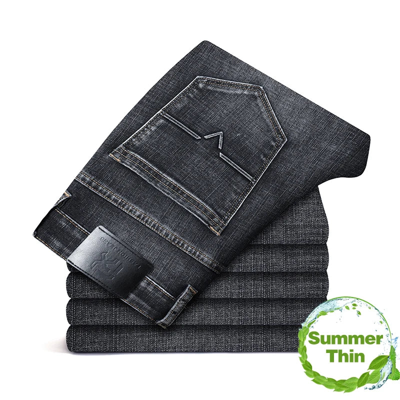 2025 Autumn New Men Regular Fit Stretch Jeans Classic Style Smoky Gray Fashion Casual Denim Pants Male Brand Trousers Blue