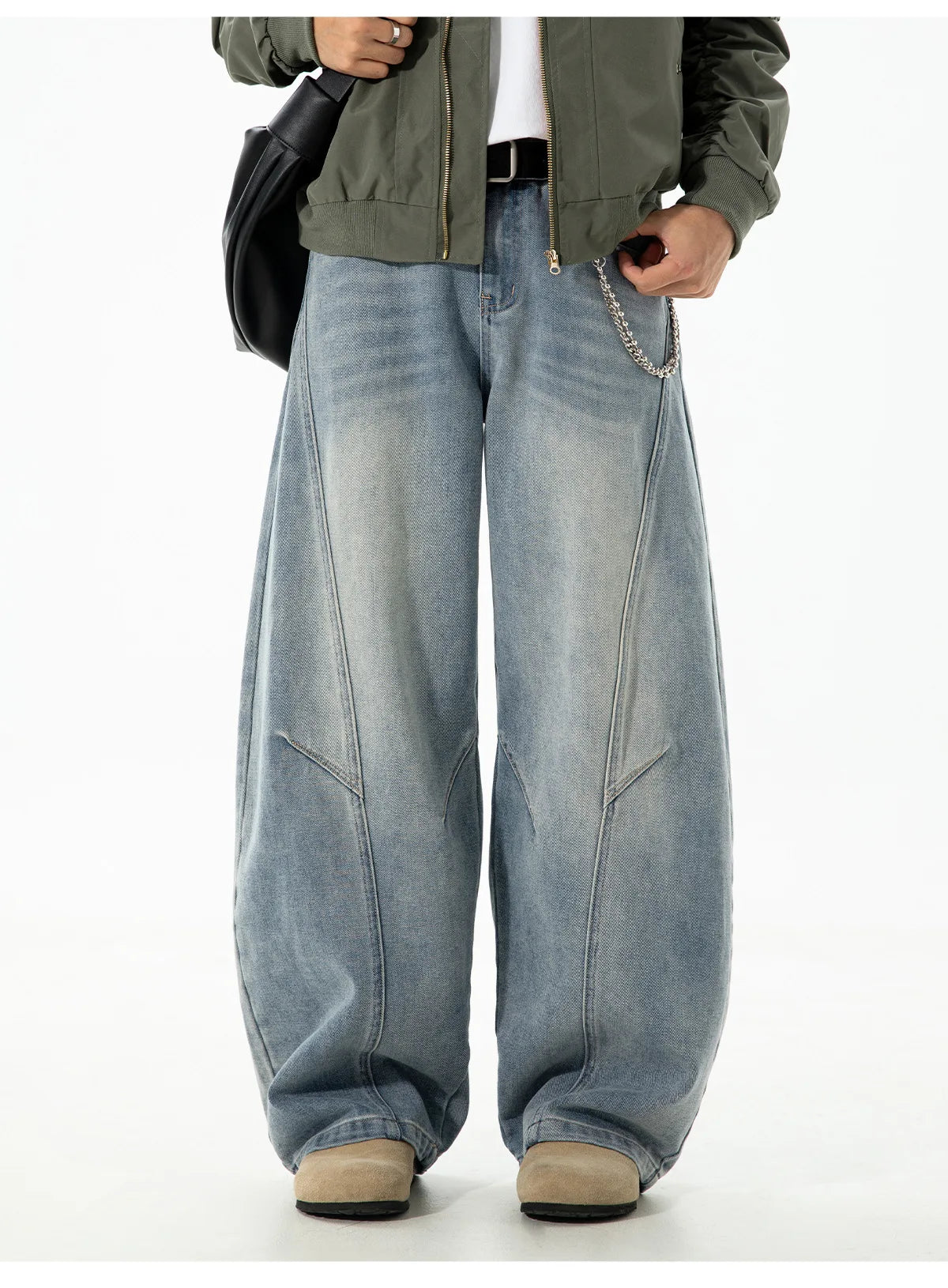 Autumn Retro Structured Split Washed Distressed Curved Jeans with Men's Silhouette Loose Straight Leg Pants Trendy Street Style