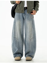 Autumn Retro Structured Split Washed Distressed Curved Jeans with Men's Silhouette Loose Straight Leg Pants Trendy Street Style