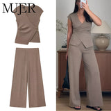 MUJER 2025 Baggy Pants Set 2 Piece Woman Summer Wide Leg Pants Women's Suit Knit Sleeveless Top Woman Outfit Casual Lady Sets