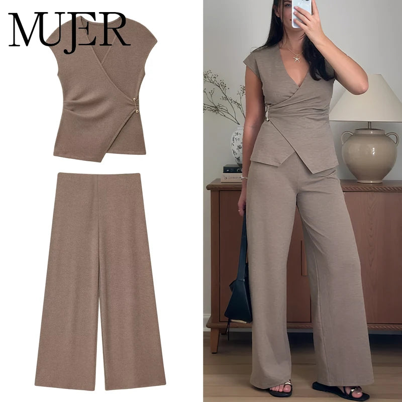 MUJER 2025 Baggy Pants Set 2 Piece Woman Summer Wide Leg Pants Women's Suit Knit Sleeveless Top Woman Outfit Casual Lady Sets