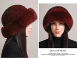 Genuine Knitted Mink Fur Hat with Fox Fur Brim