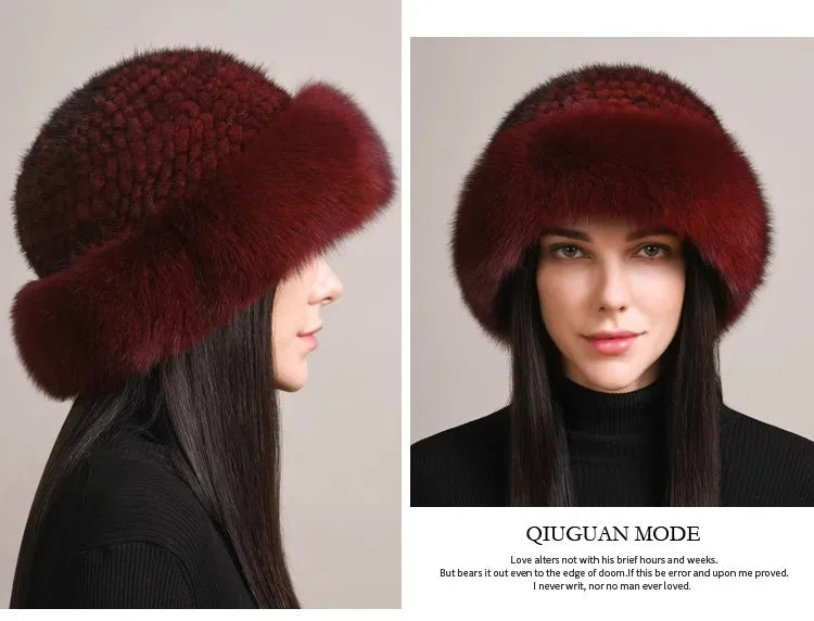 Genuine Knitted Mink Fur Hat with Fox Fur Brim