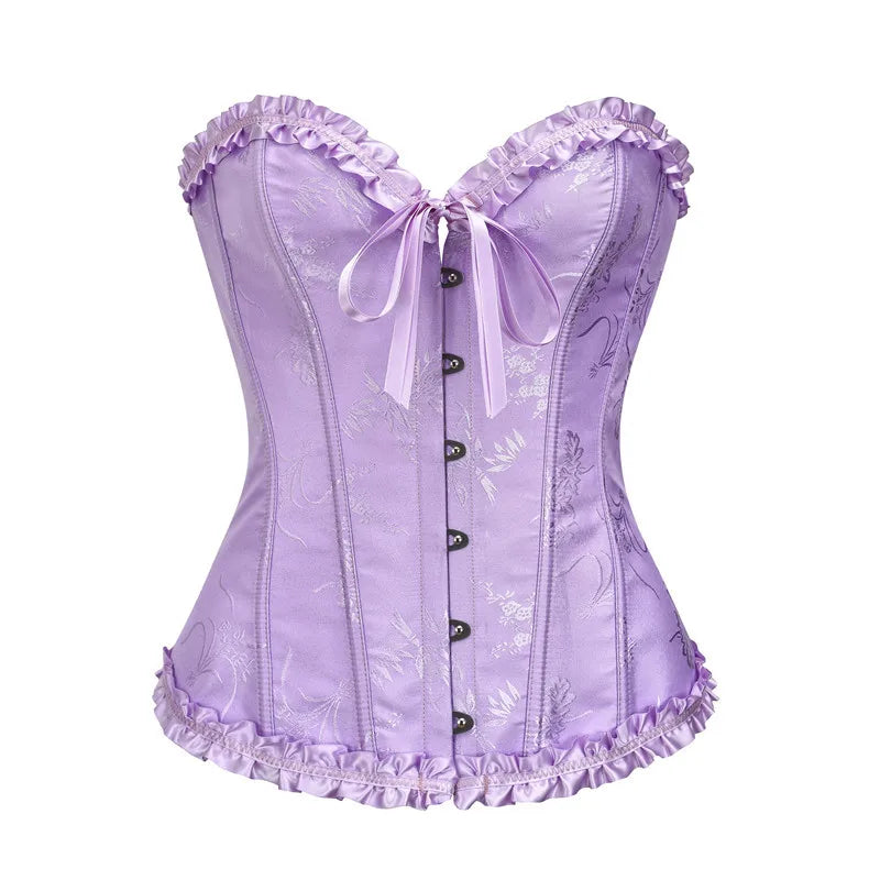 USA-Made Jacquard Ruffled Overbust Corset – Gothic Victorian Push-Up Bustier