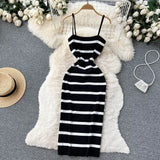 Korean Sweet Hit Color Patchwork Striped Spaghetti Strap Dress and V Neck Long Sleeve Cardigans 2 Pieces Sets