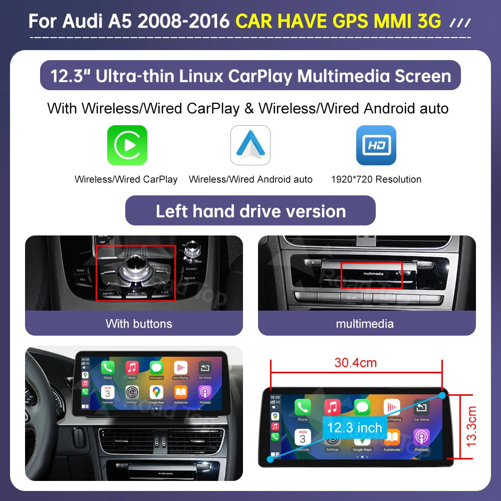 Road Top 8.8"/12.3" Touch Screen for Audi A5 2008–2016