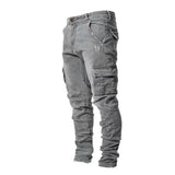 Men Street Elastic Denim Jeans Wash Solid Color Multi Pockets Cargo Pants Casual Slim Fit Daily Wear Joggers Mid Waist Trousers