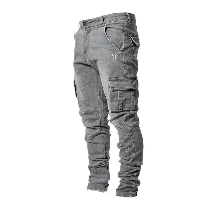 Men Street Elastic Denim Jeans Wash Solid Color Multi Pockets Cargo Pants Casual Slim Fit Daily Wear Joggers Mid Waist Trousers