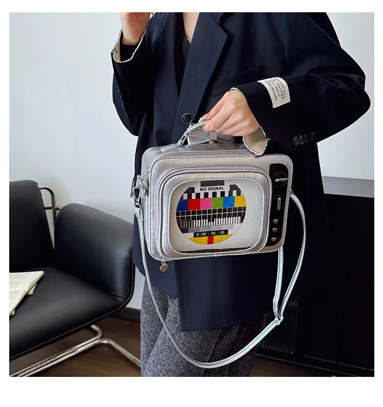 Cartoon Cute Handbags for Women Funny Retro TV Transparent Square Bag Fashion Leather Personalized Creative Shoulder Bag Woman
