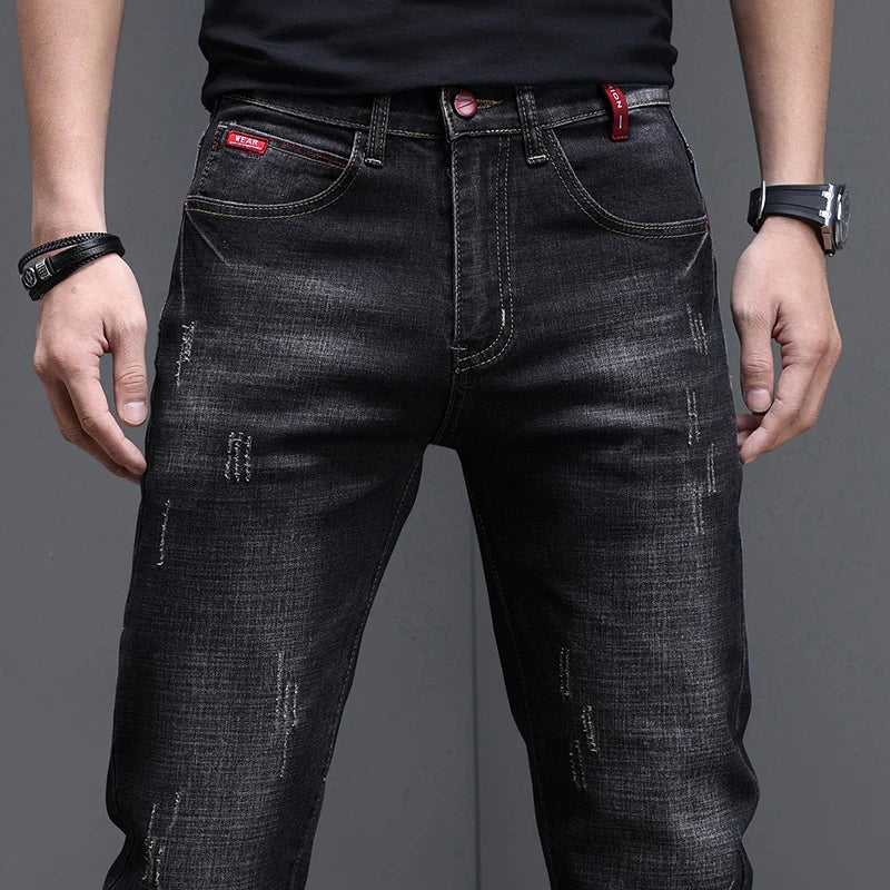 Embroidered Jeans Men's Autumn Winter New Korean Fashion Slim Little Feet Trousers Stretch Vintage Street Denim Trousers Male