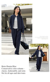 VIMLY 2 Piece Pant Set Woman Casual Outfits Women's Pant Suit 2026 Blue Stand-up Collar Jacket and Trouser Female Clothing A0119