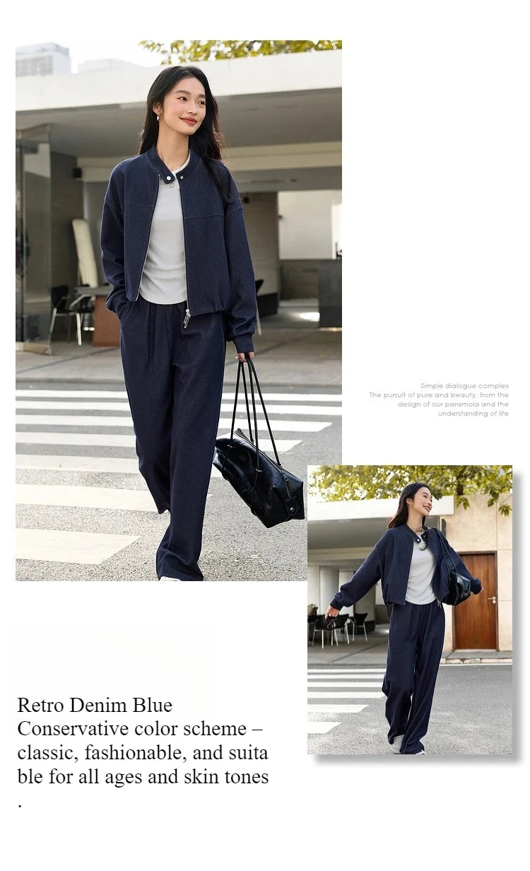 VIMLY 2 Piece Pant Set Woman Casual Outfits Women's Pant Suit 2026 Blue Stand-up Collar Jacket and Trouser Female Clothing A0119