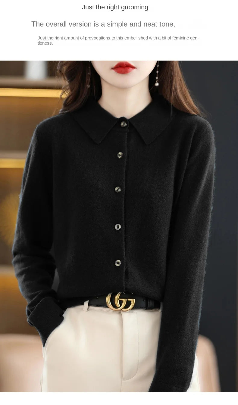 Polo Collar Spun Wool Cardigan – Elegant Single-Breasted Knit Jacket