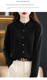 Polo Collar Spun Wool Cardigan – Elegant Single-Breasted Knit Jacket