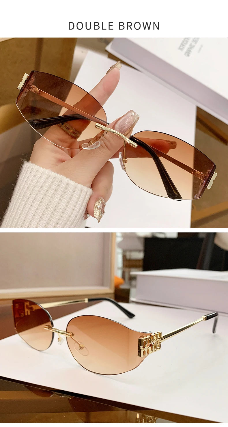 Oversized Rimless Oval Sunglasses – UV400 Metal Frame