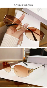 Oversized Rimless Oval Sunglasses – UV400 Metal Frame