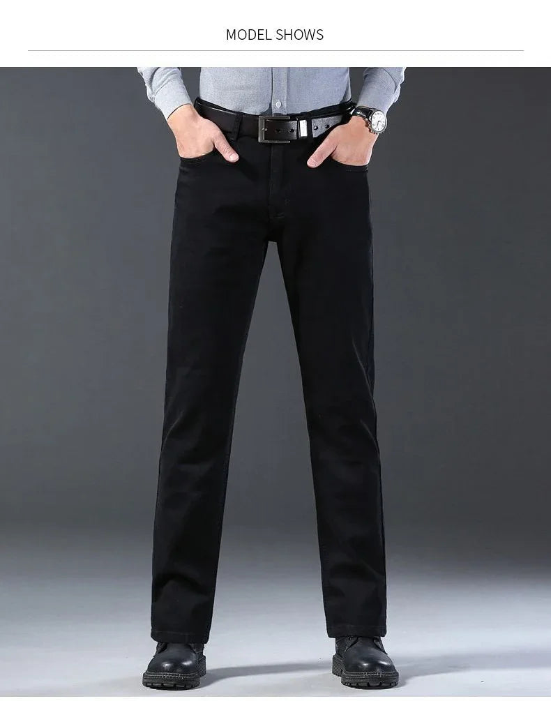 High Quality Autumn Winter Solid Color Black Men's Jeans Classic Stretch Denim Pants Work Business Cotton Trousers Plus Size 40