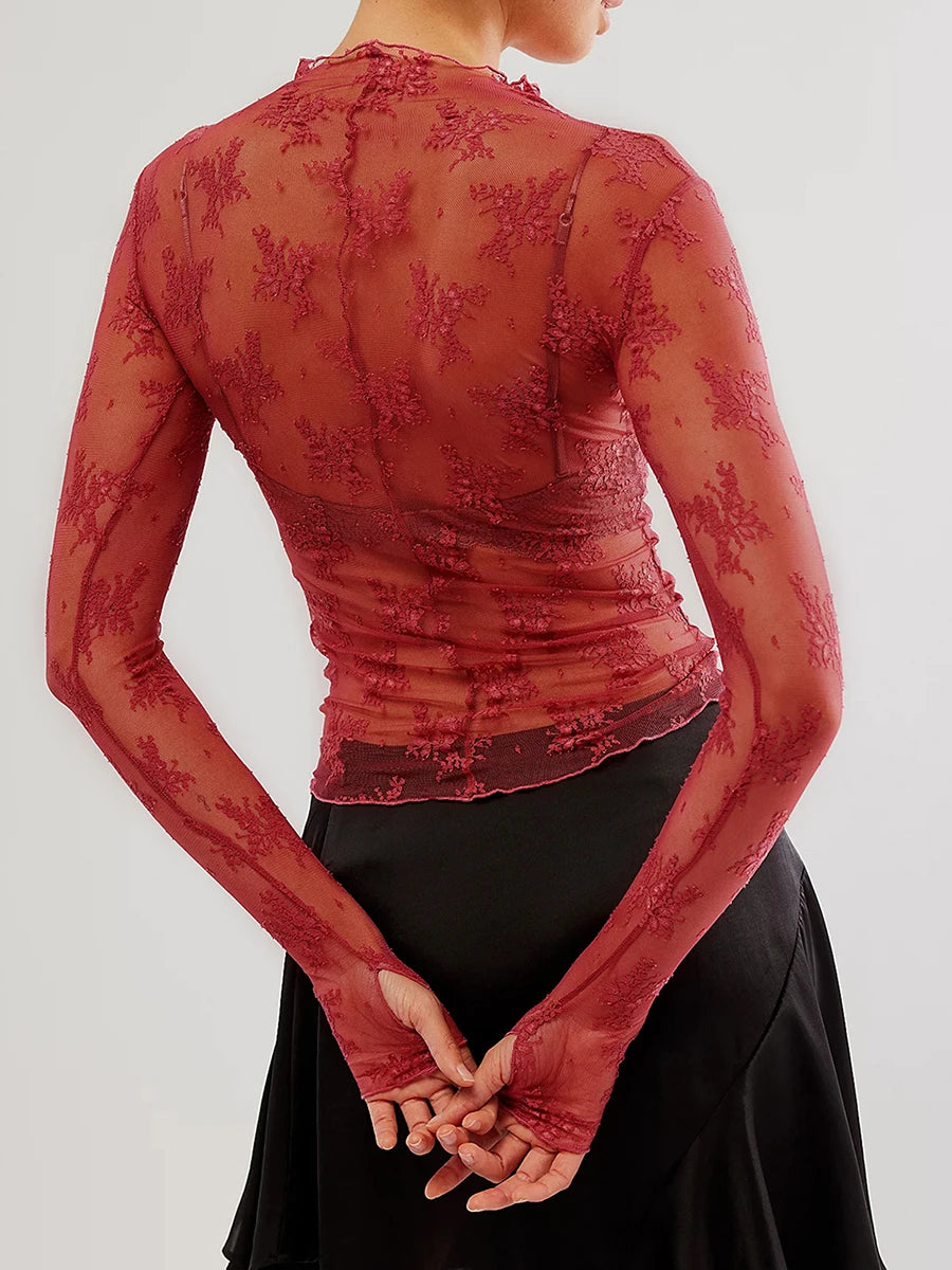 Floral Lace Sheer Mesh Long Sleeve Top